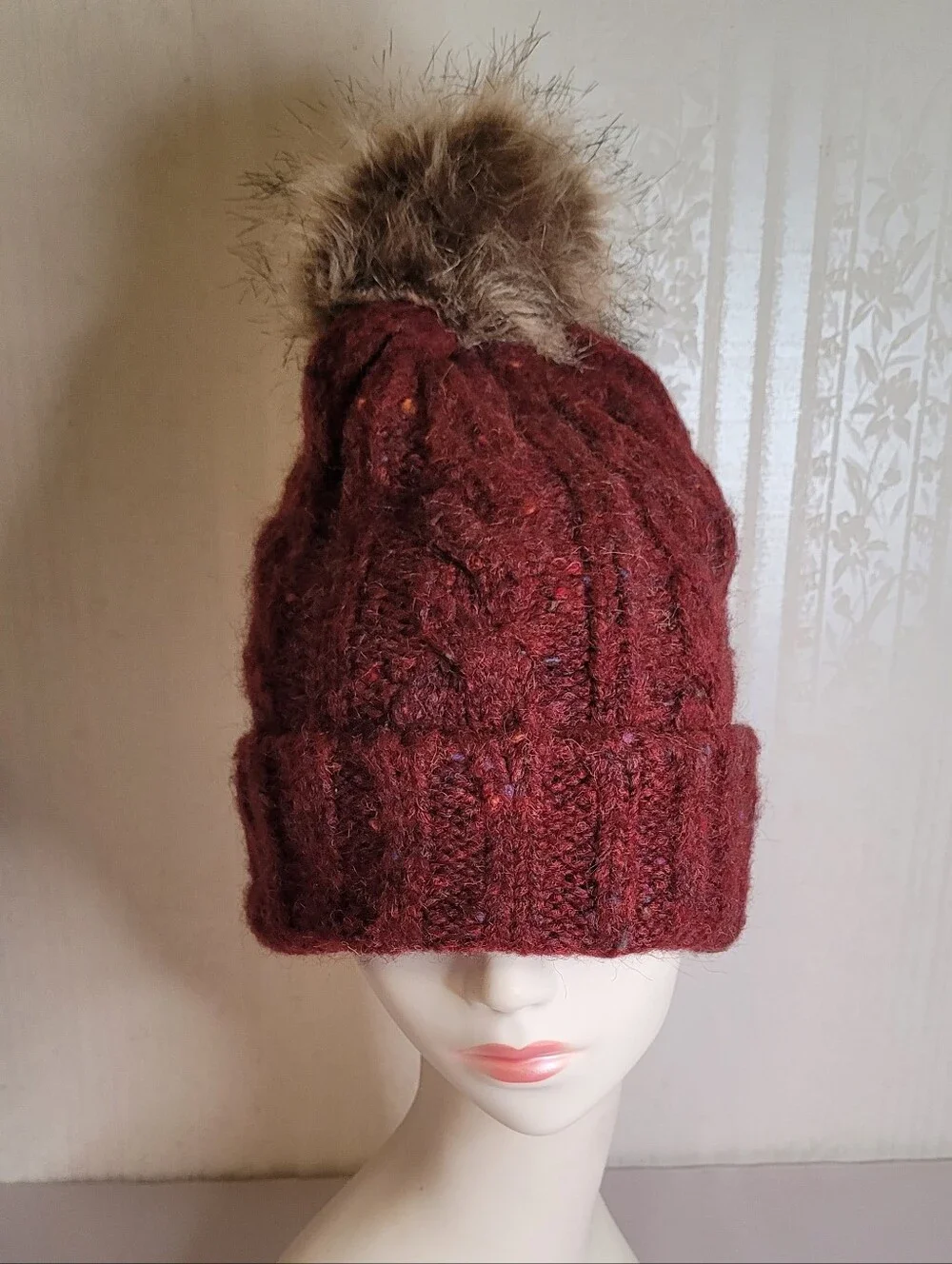 Dark Red Cable Knit Pom-Pom Beanie
